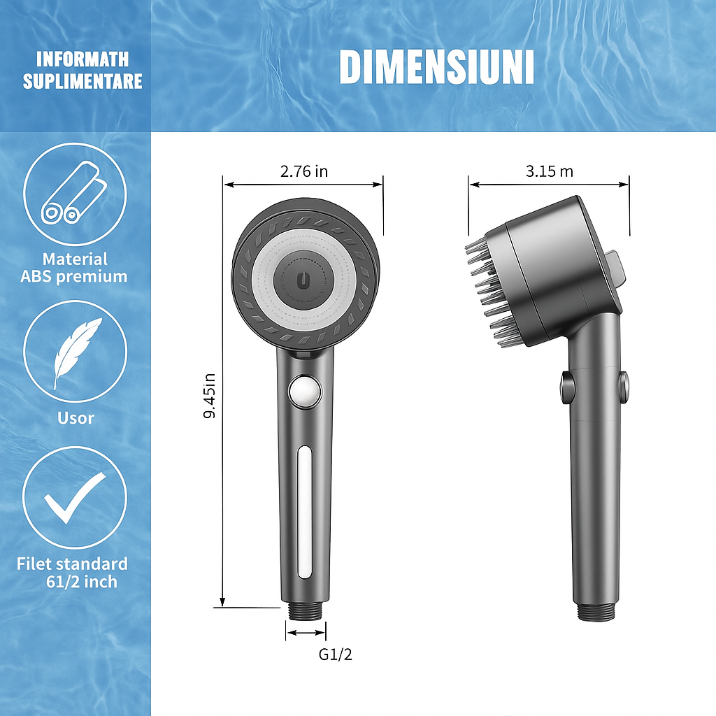 Cap de Duș cu Presiune Înaltă și Filtru Integrat – Jet Reglabil, Filtrare Anti-Calcar pentru O Piele Mai Curată și un Păr Mai Moale